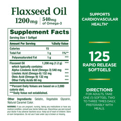 Nature's Bounty flaxseed omega-3 softgels bottle pouring capsules, convenient for on-the-go nutrition.