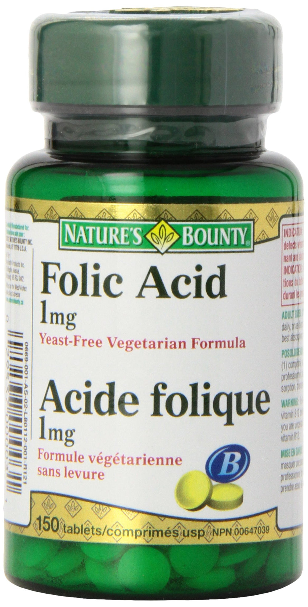 Nature's Bounty folic acid bottle for daily prenatal support and red blood cell formation.