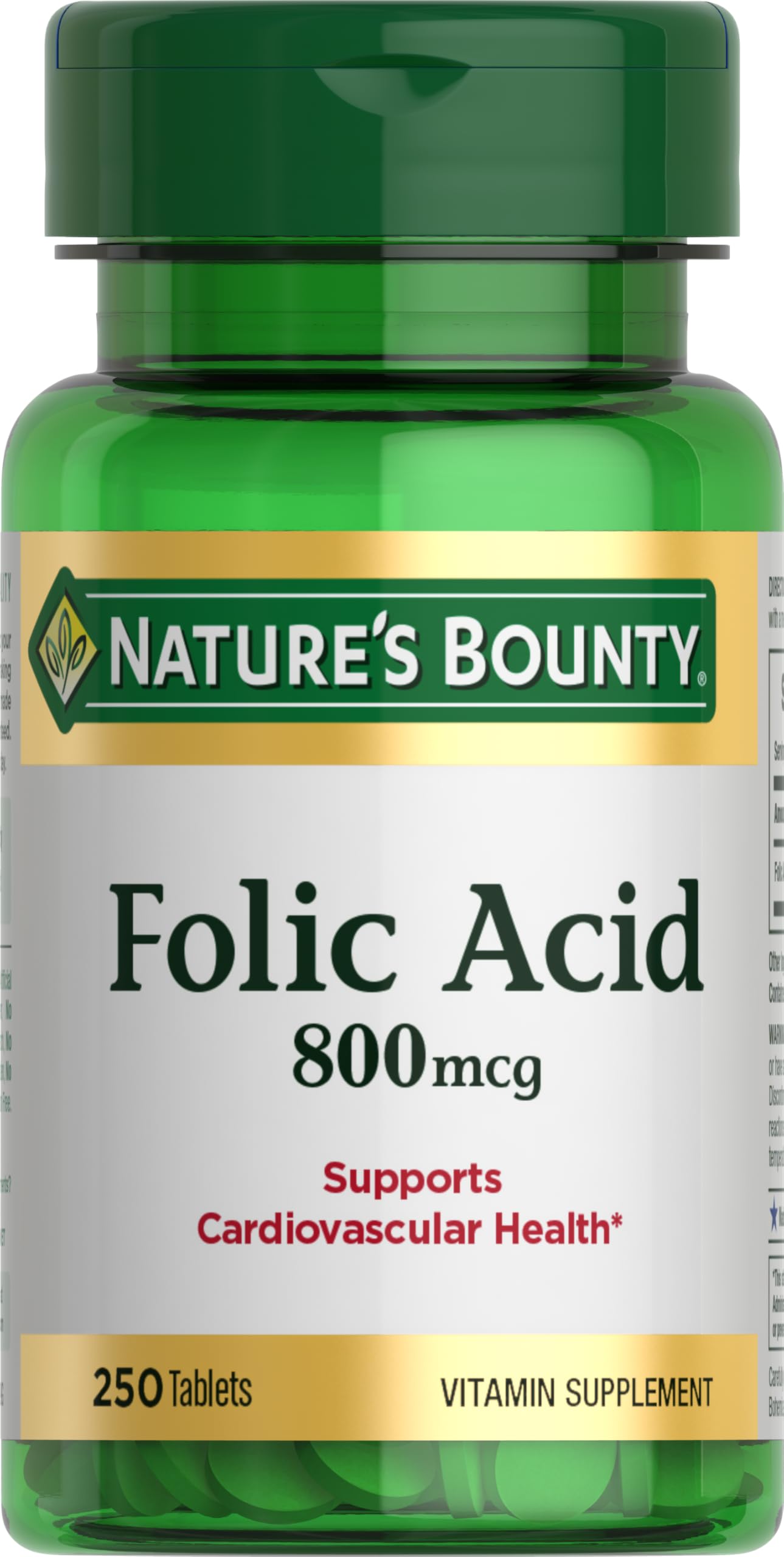 Nature's Bounty folic acid bottle highlighting tablets for cardiovascular support.