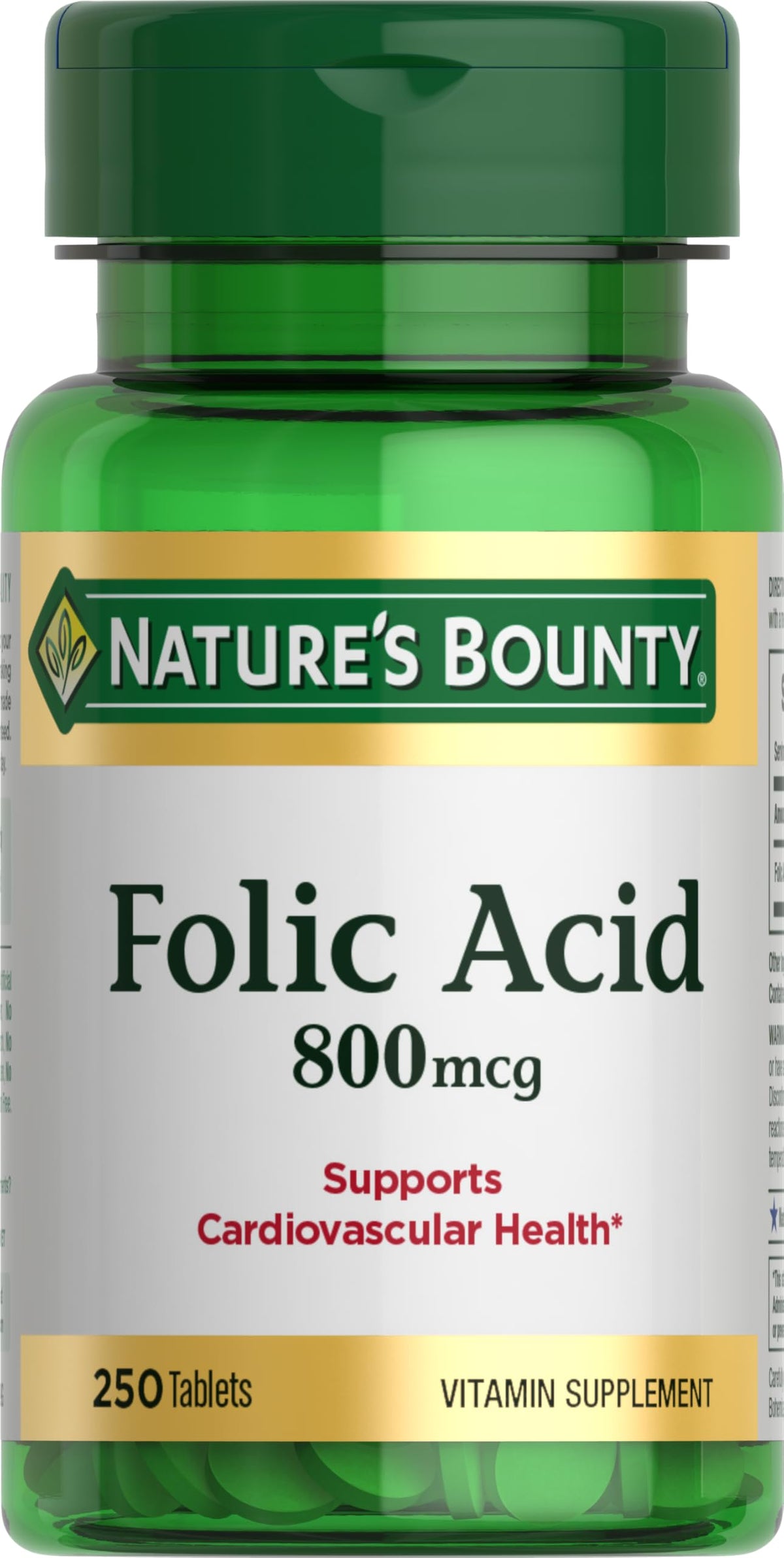 Nature's Bounty folic acid bottle highlighting tablets for cardiovascular support.