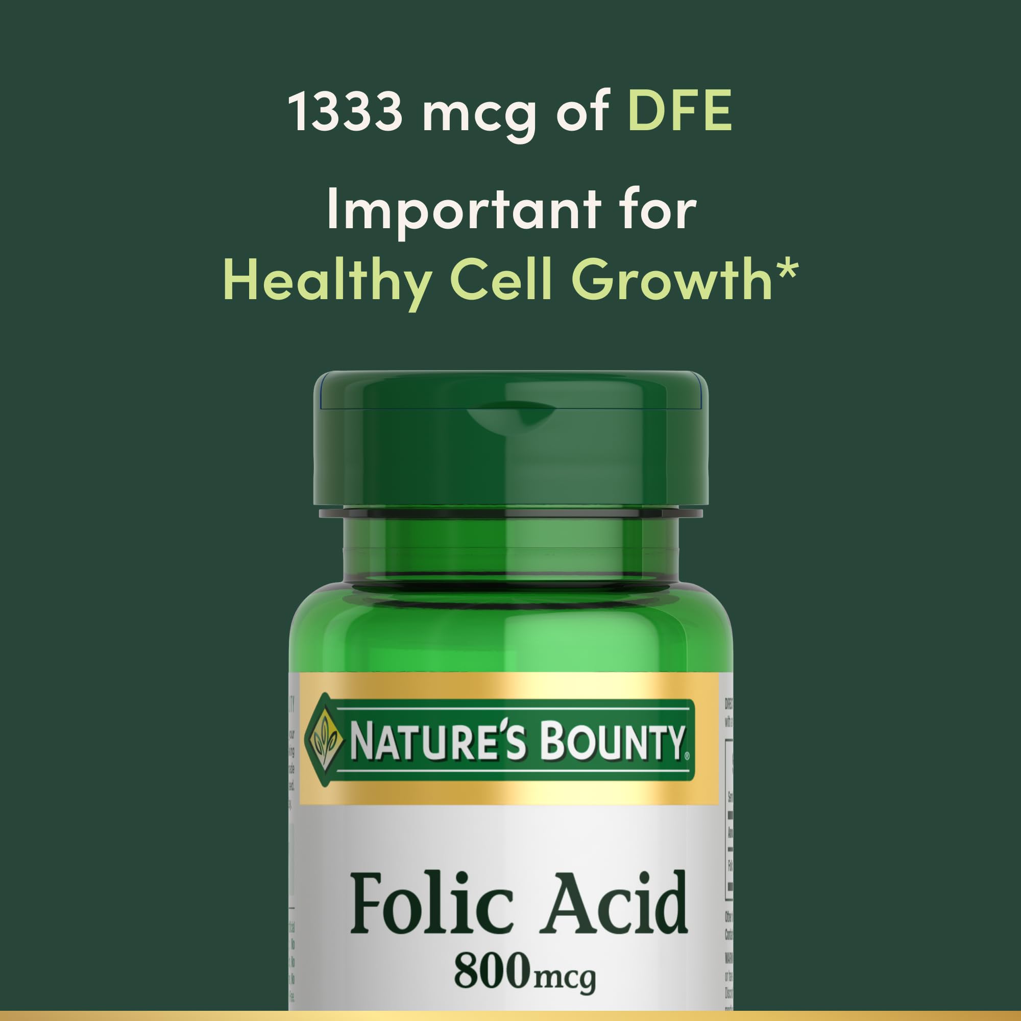 Cap close-up of Nature's Bounty folic acid bottle for easy daily intake.
