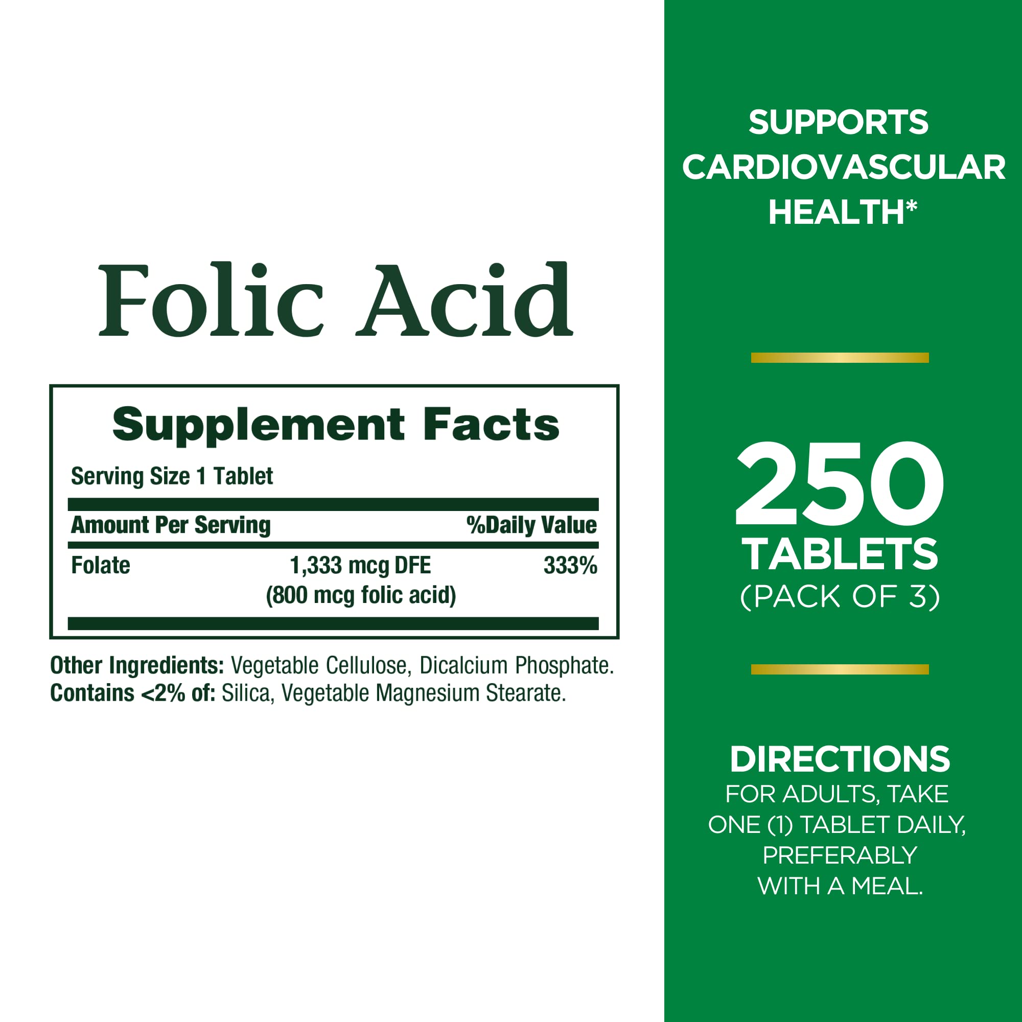 Nature's Bounty folic acid tablets shown for daily heart health support.