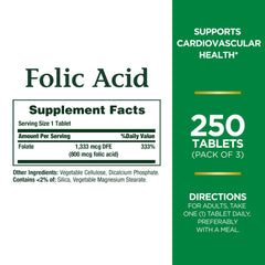 Nature's Bounty folic acid tablets shown for daily heart health support.