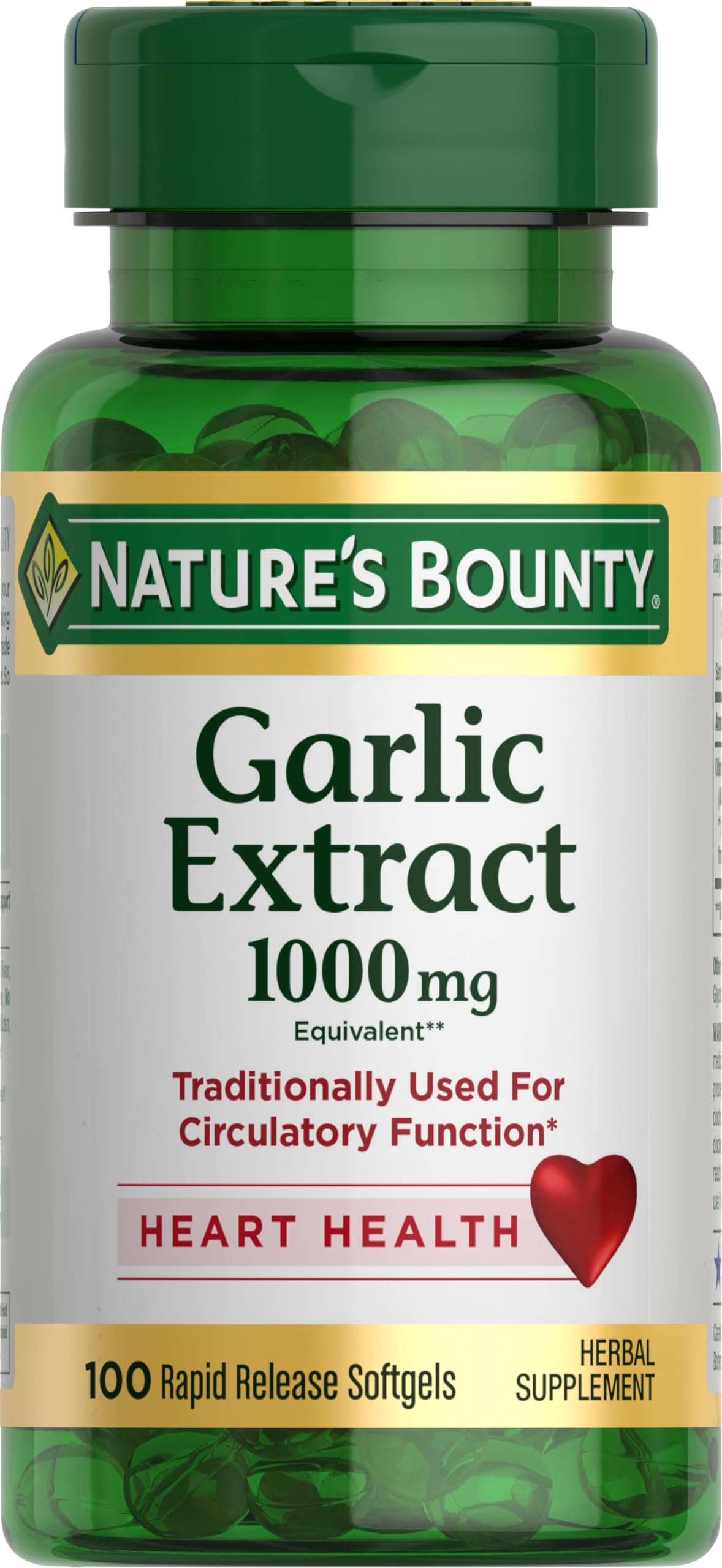 Nature's Bounty Garlic Extract bottle front view, odorless daily use.