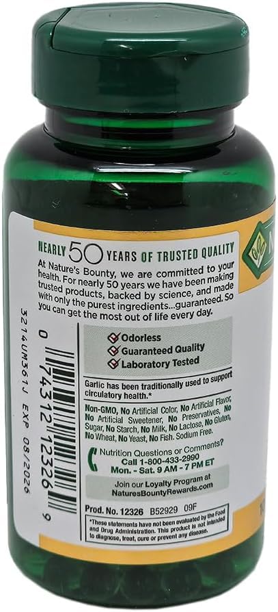 Nature's Bounty Garlic Extract softgels bottle back with supplement details