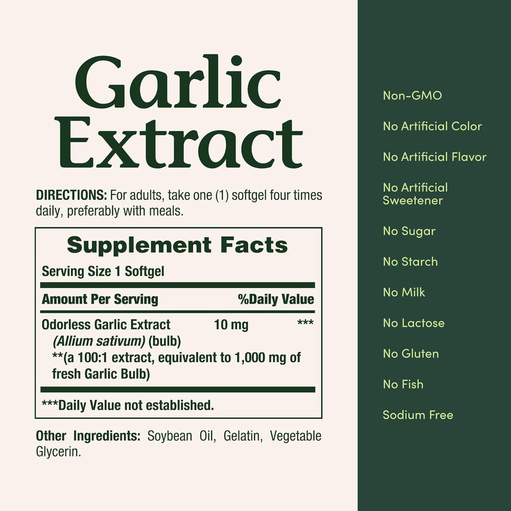 Nature's Bounty Garlic Extract softgels close-up label highlighting content
