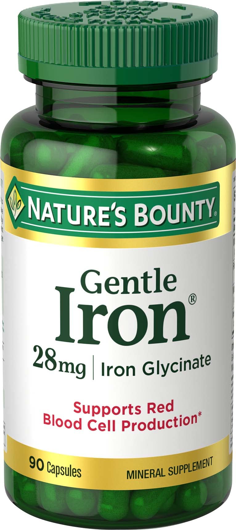 Nature's Bounty Gentle Iron bottle with 90 capsules for daily iron support.