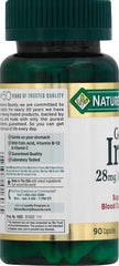 Nature's Bounty Gentle Iron label close-up showing non-GMO and gluten-free formula.