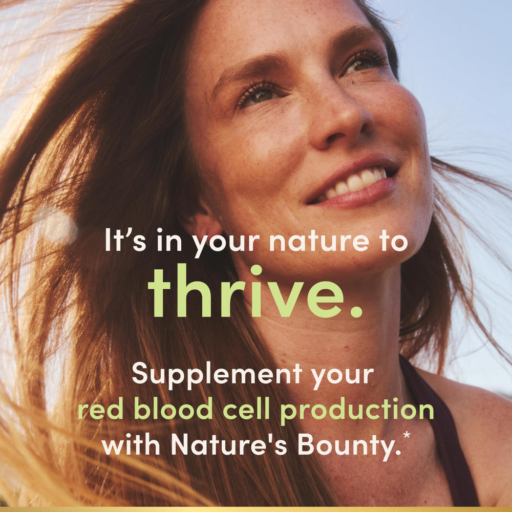 Nature's Bounty Gentle Iron capsules with vitamin C promoting iron absorption during meals.