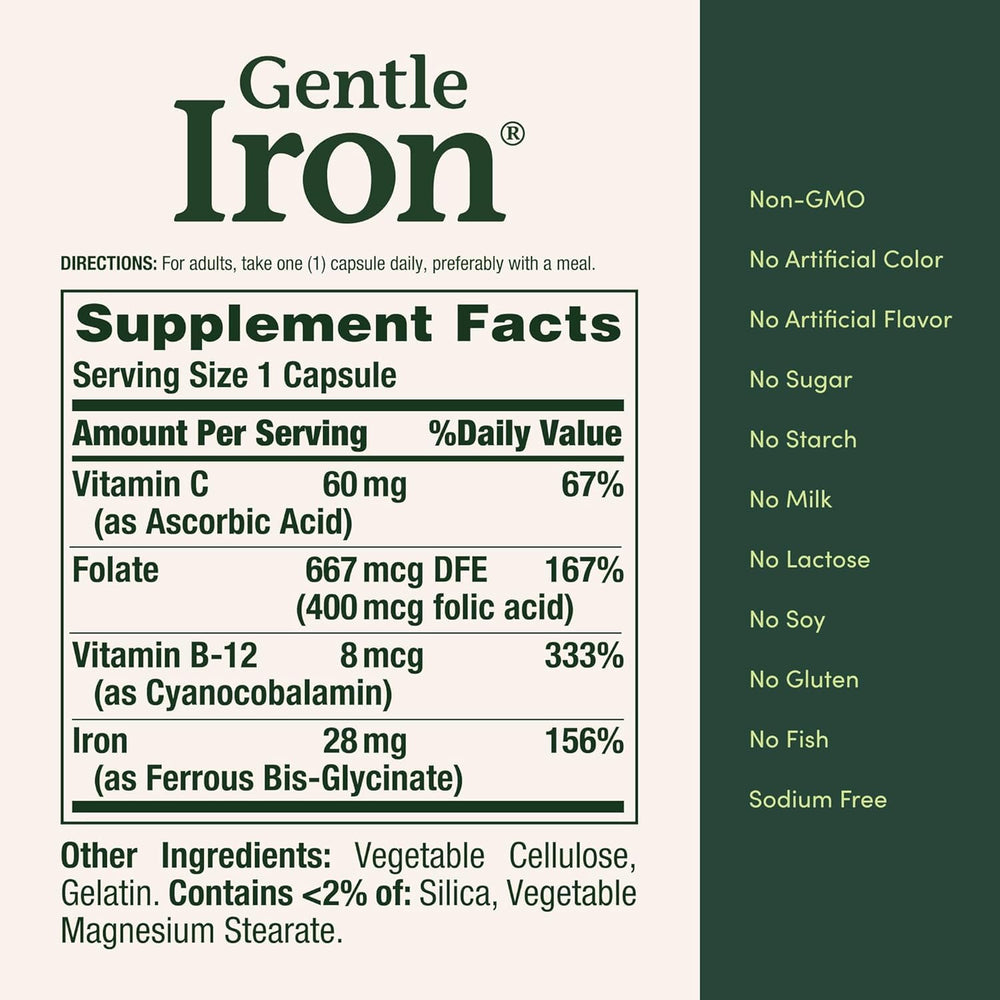 Nature's Bounty Gentle Iron packaging weight graphic highlighting 0.068 kilograms