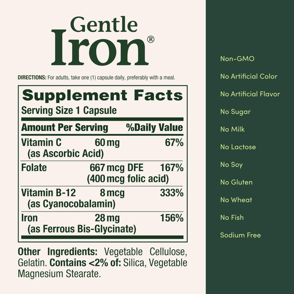 Nature's Bounty Gentle Iron with B-12 and folic acid for energy metabolism support.