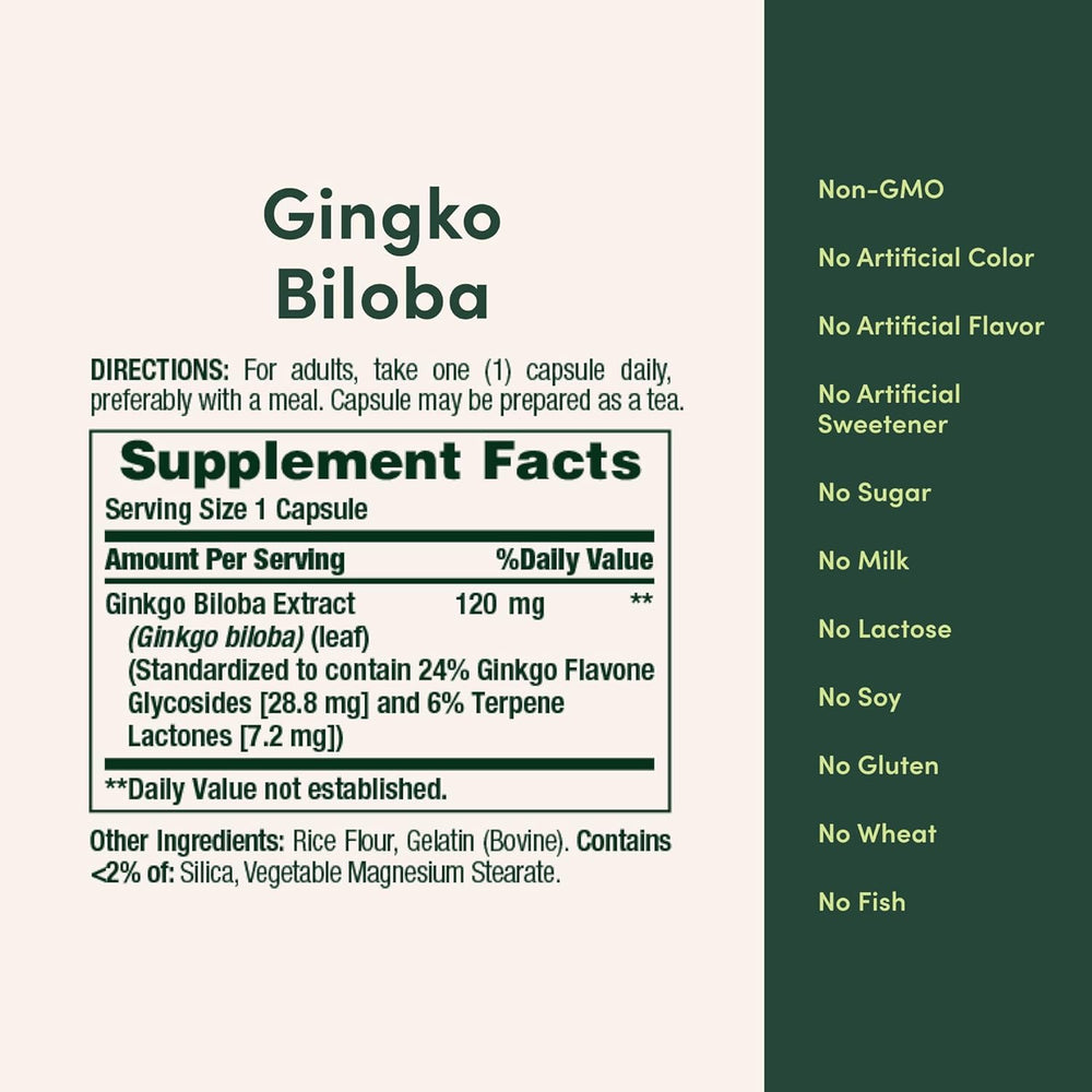 Nature's Bounty ginkgo biloba standardized extract label view for informed choice.