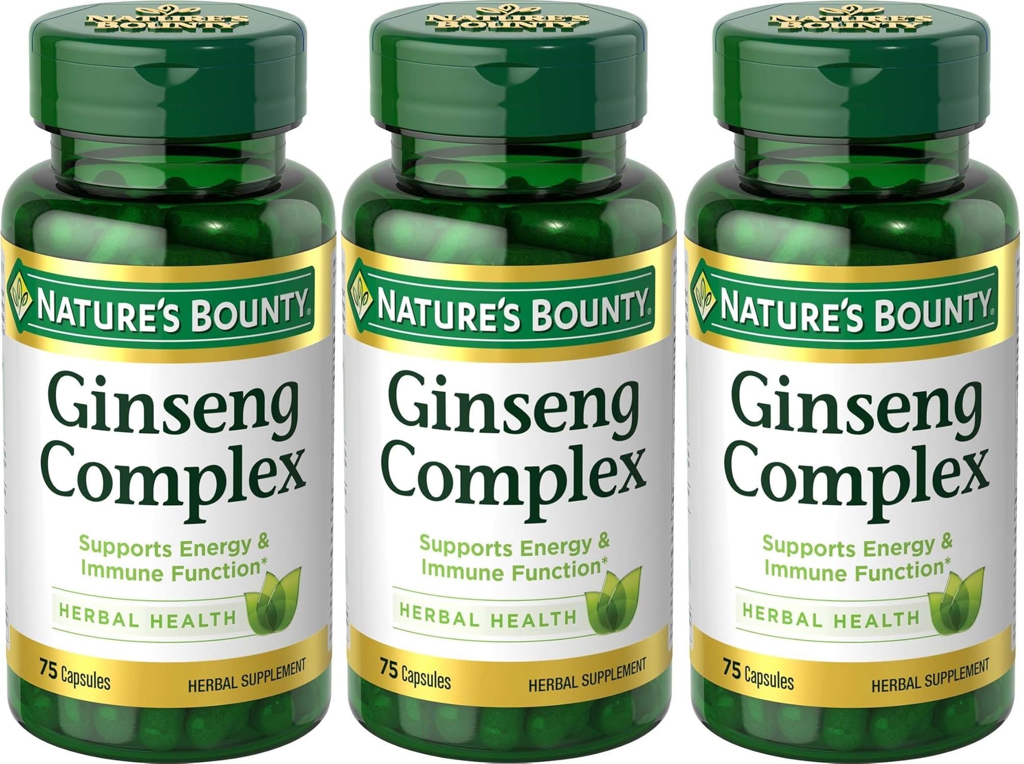 Nature's Bounty Ginseng Complex bottle with easy-to-swallow capsules for daily vitality.