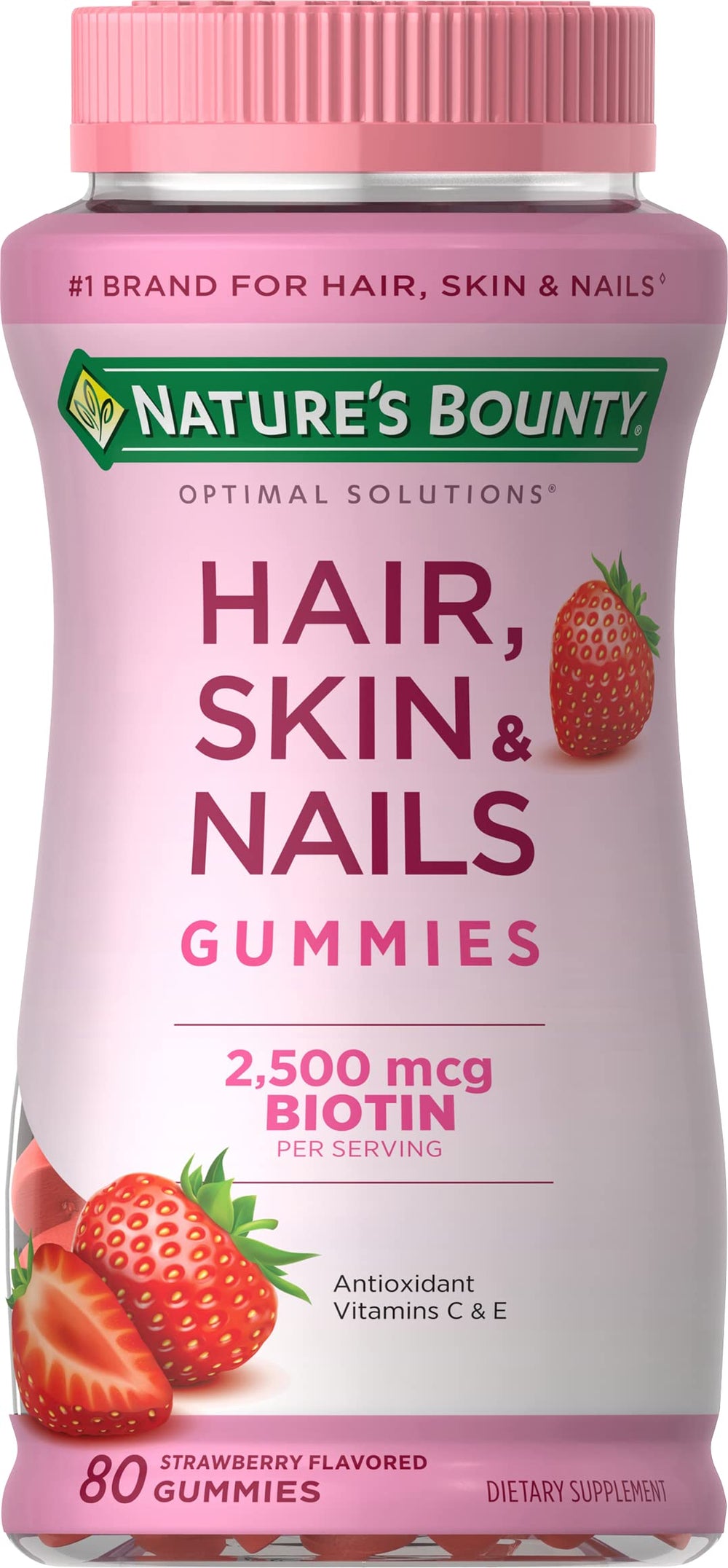Nature's Bounty Hair Skin Nails gummies bottle shows biotin-rich formula for beauty from within