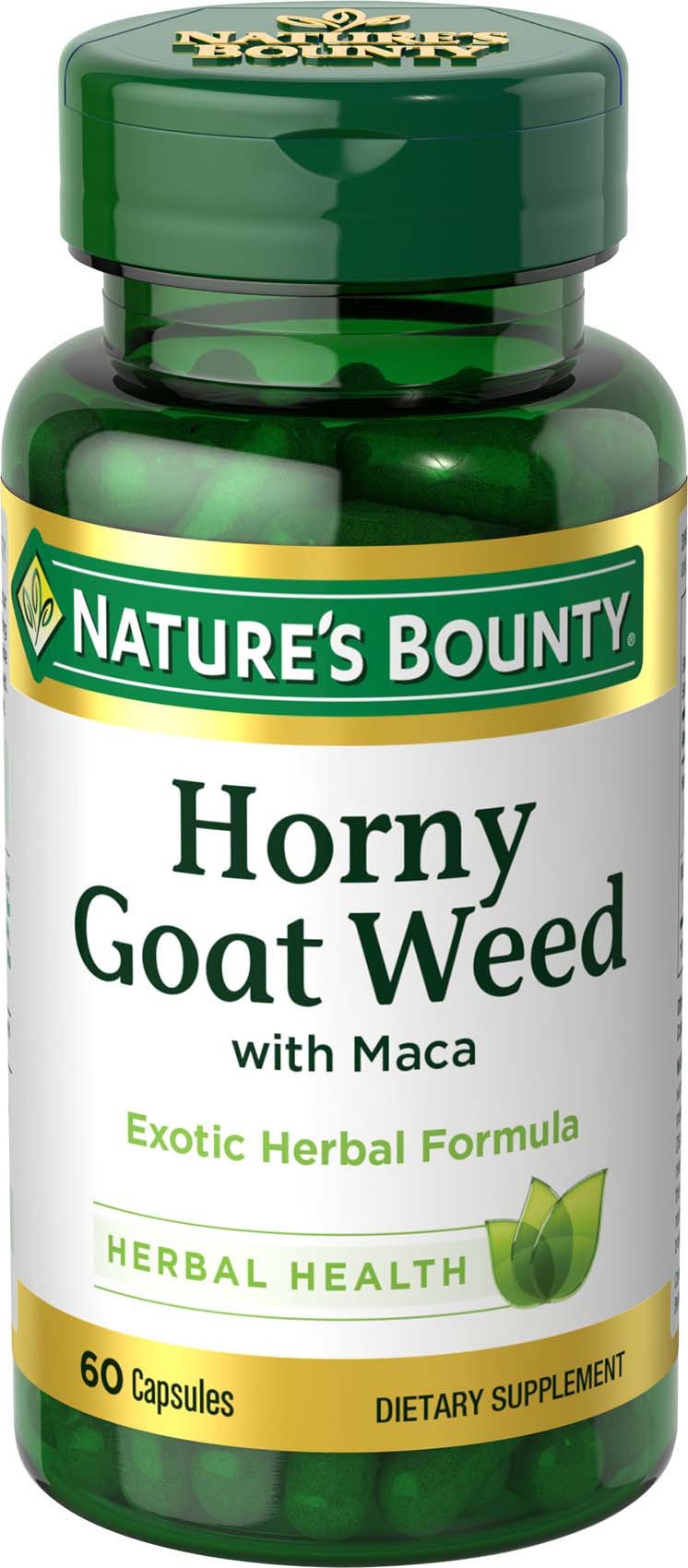 Nature's Bounty Horny Goat Weed with Maca bottle signals convenient vitality support