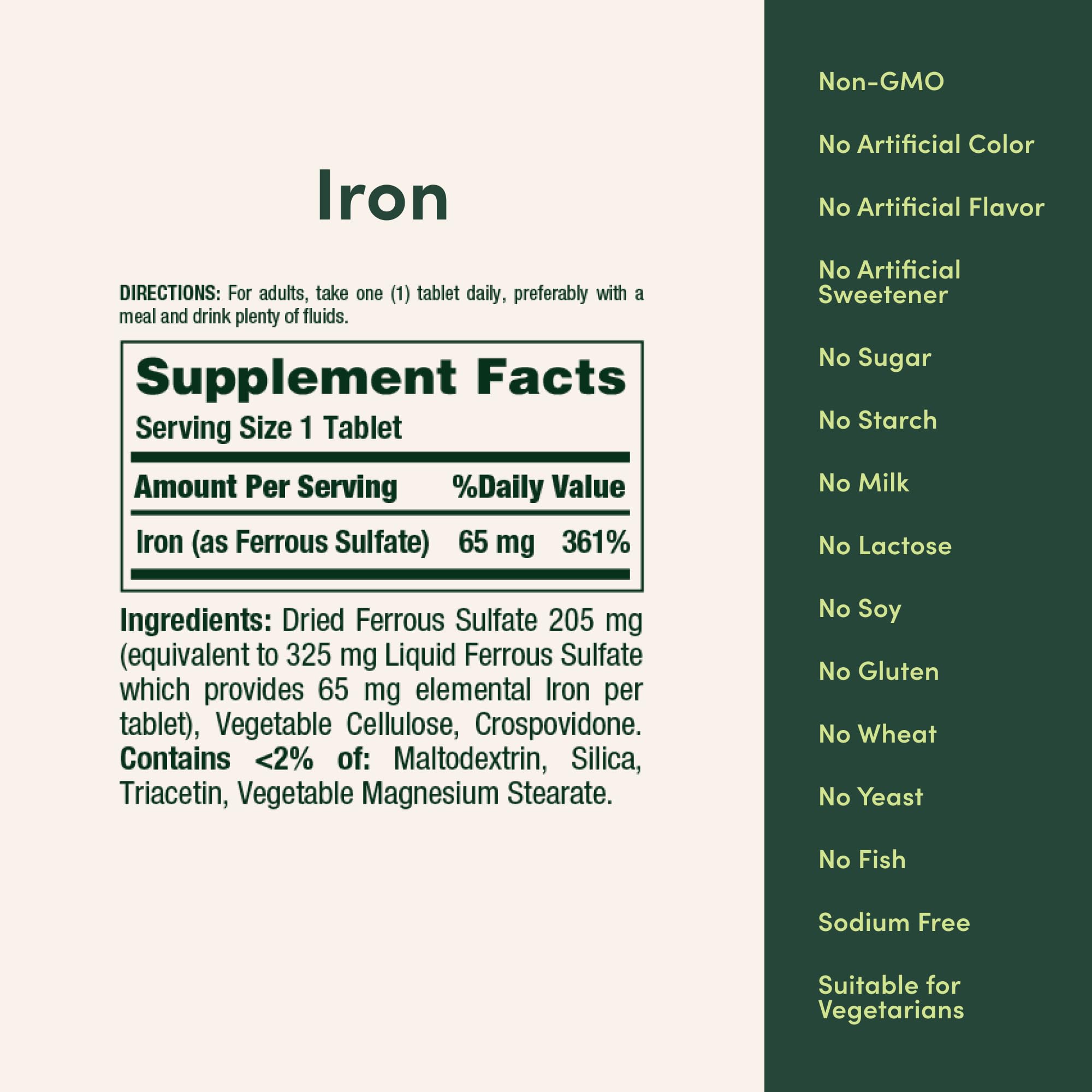 Nature’s Bounty iron supplement bottle beside facts panel referencing ferric sulfate source.