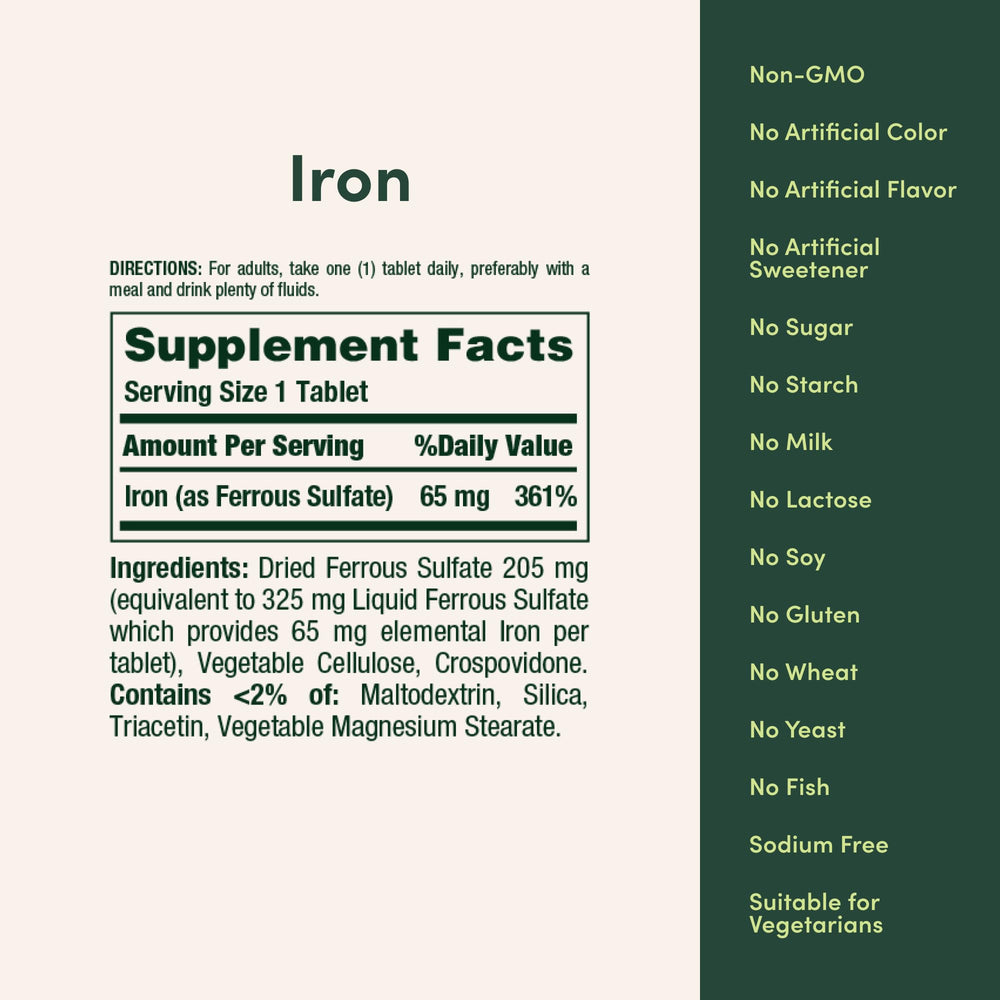 Nature’s Bounty iron supplement bottle beside facts panel referencing ferric sulfate source.
