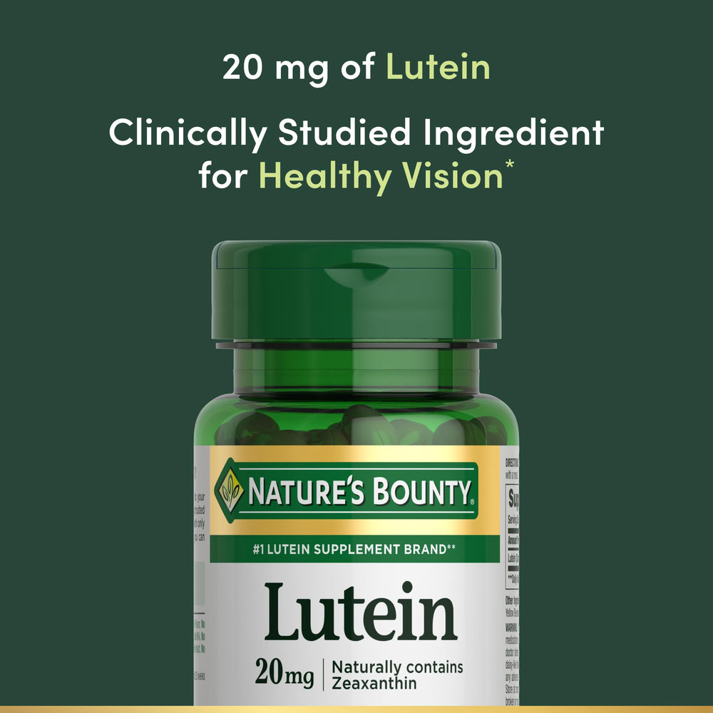 Nature's Bounty Lutein ingredients label shows 20 mg per softgel