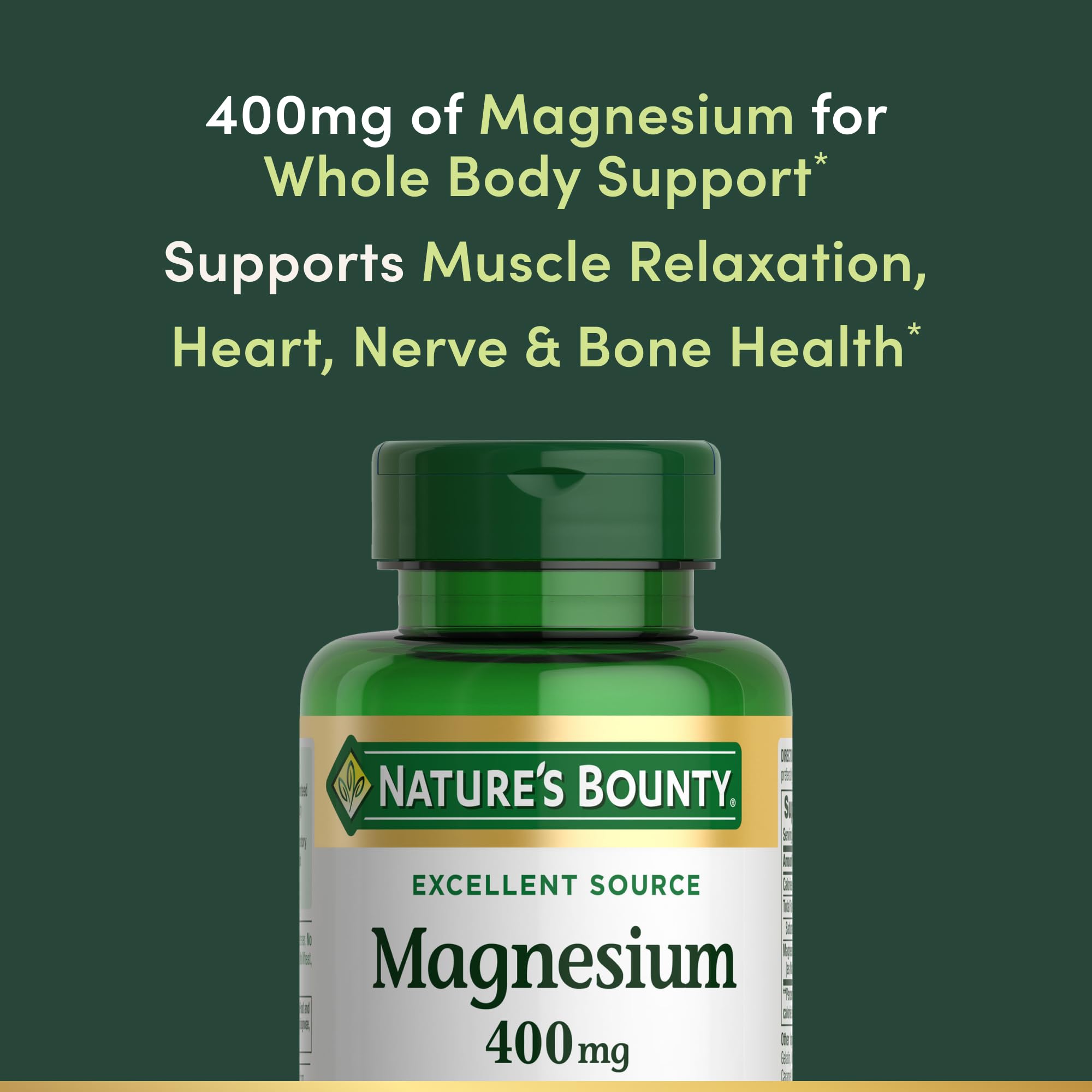 Bottle pouring Nature's Bounty magnesium softgels for daily routine