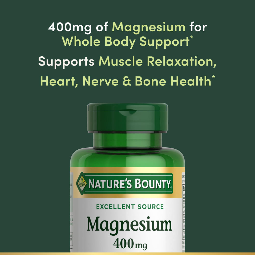 Bottle pouring Nature's Bounty magnesium softgels for daily routine