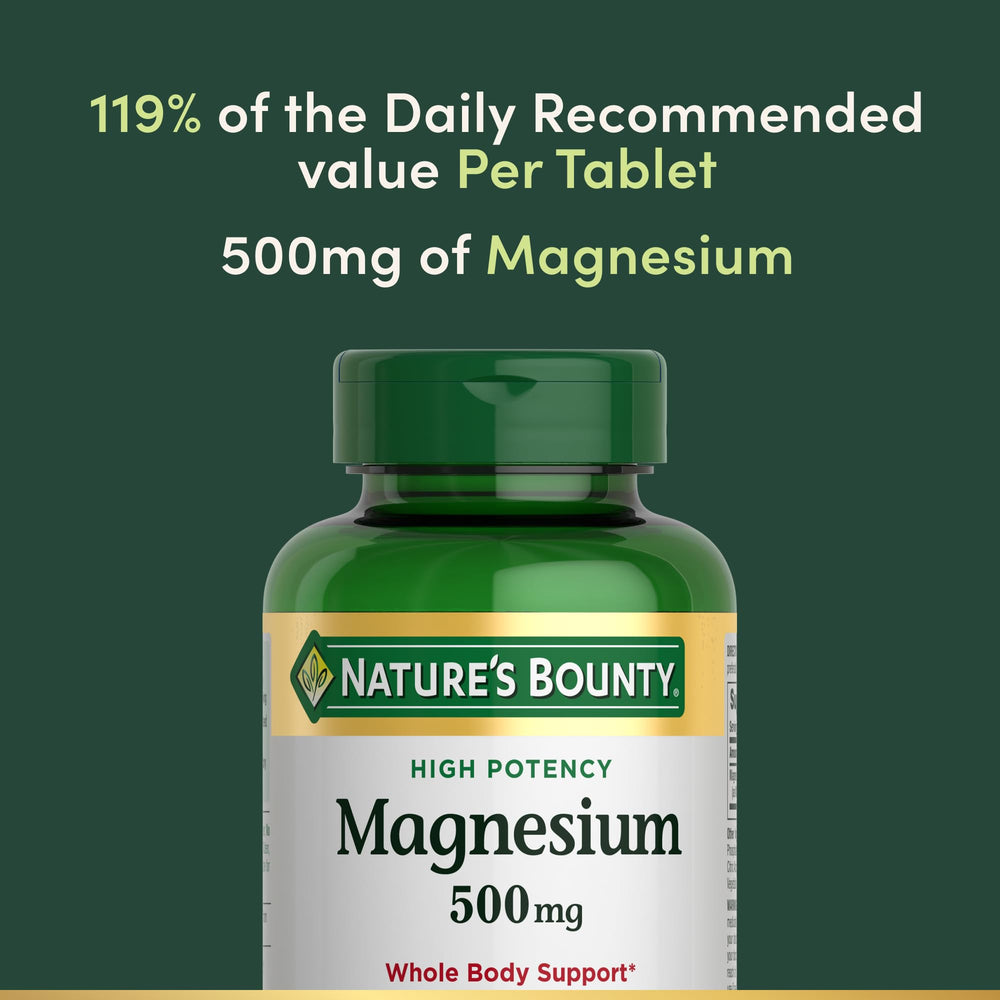 Nature's Bounty Magnesium 500 mg bottle top view highlighting easy daily use