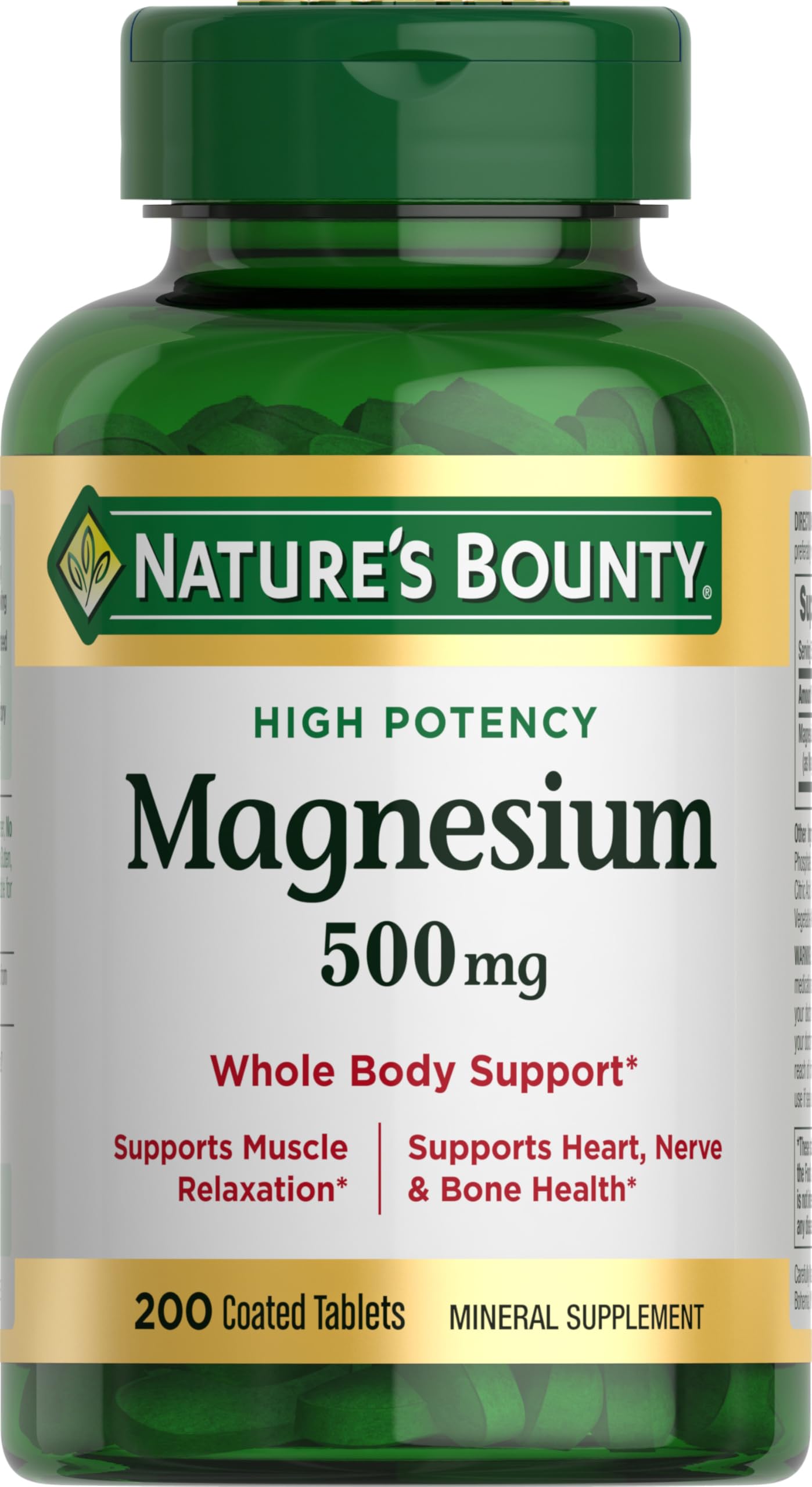 Nature's Bounty Magnesium 500 mg tablet front label for bone and muscle support