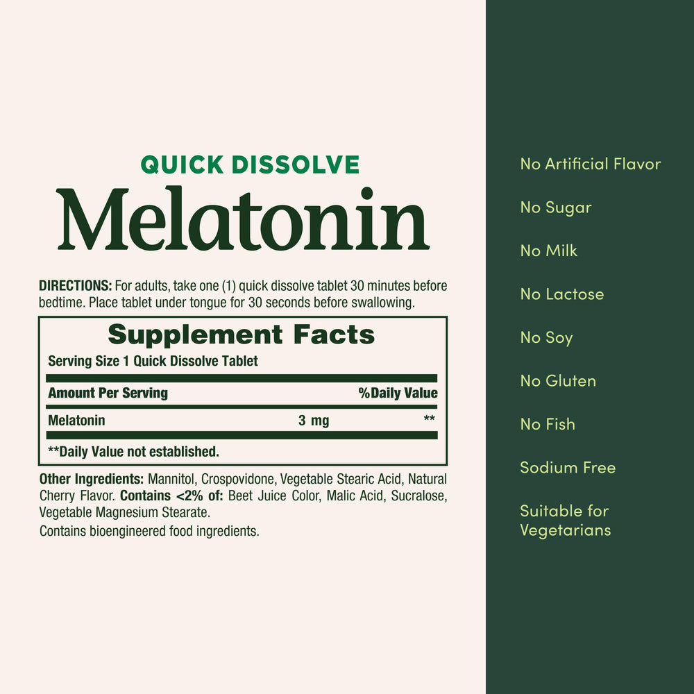 Nature's Bounty Melatonin 3 mg vegetarian-friendly tablets for dietary compatibility.