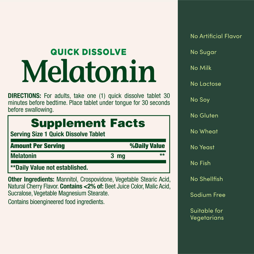 Nature's Bounty Melatonin 3mg is gluten-free, dairy-free, and vegetarian-friendly.