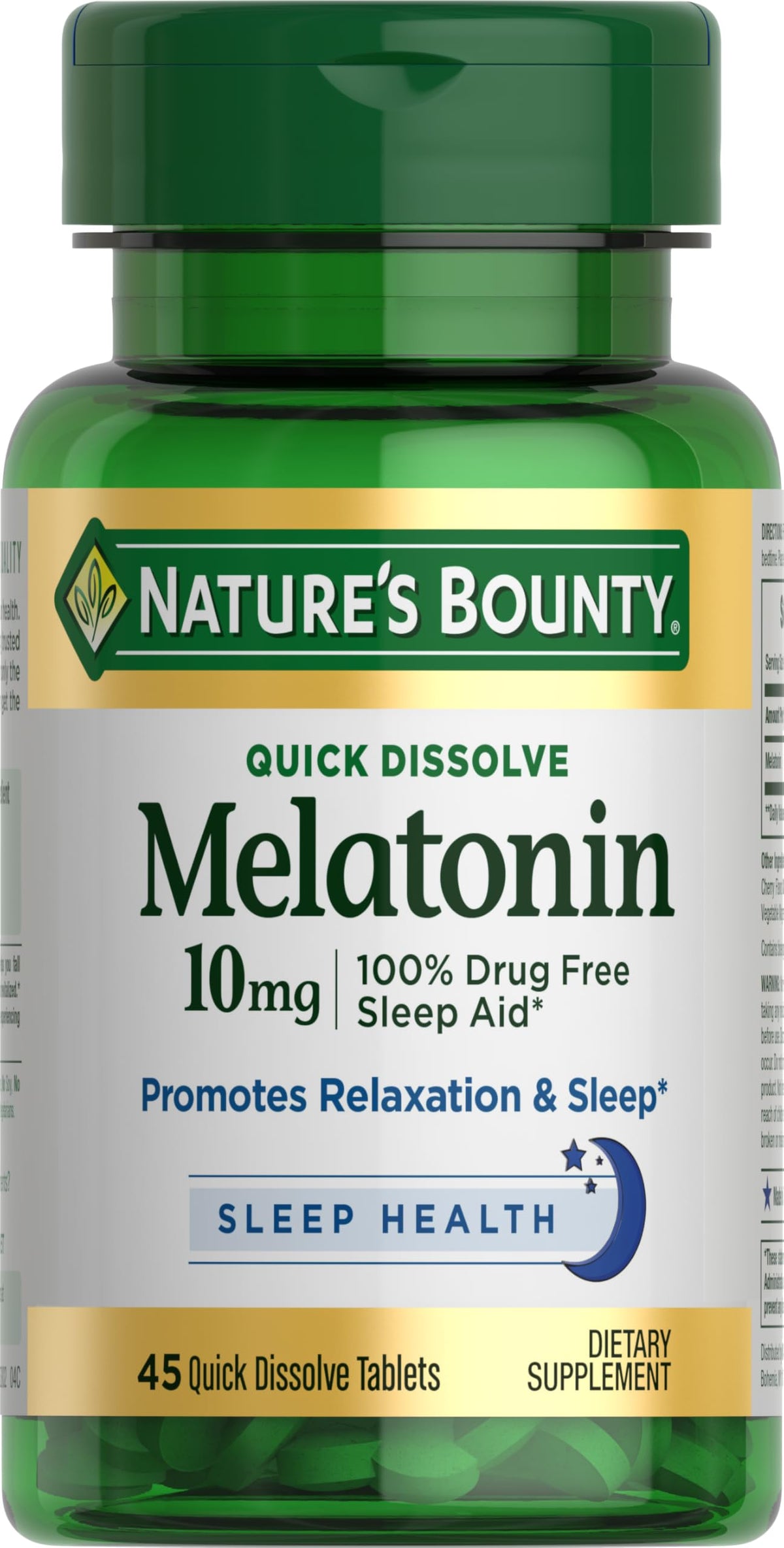Nature's Bounty Melatonin bottle front promotes restful nights.
