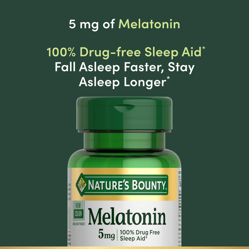 Nature's Bounty Melatonin bottle on a nightstand beside a lamp