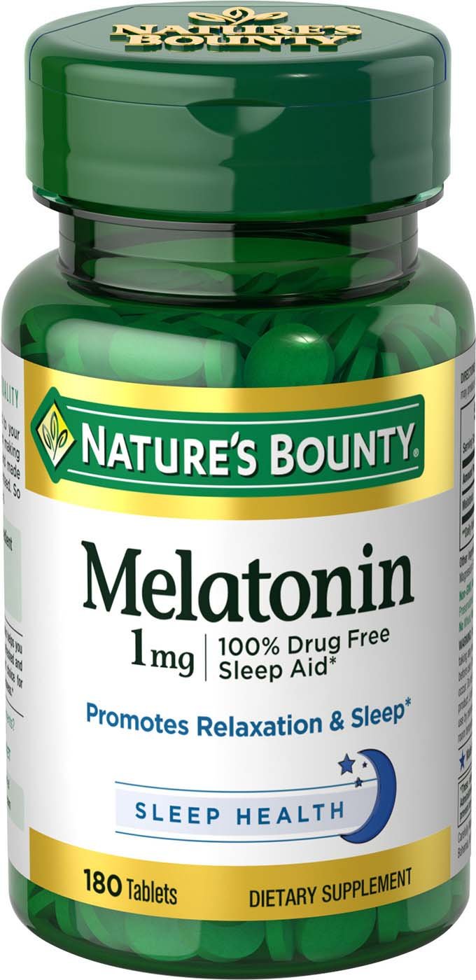 Nature's Bounty Melatonin bottle and label promote calm nights.