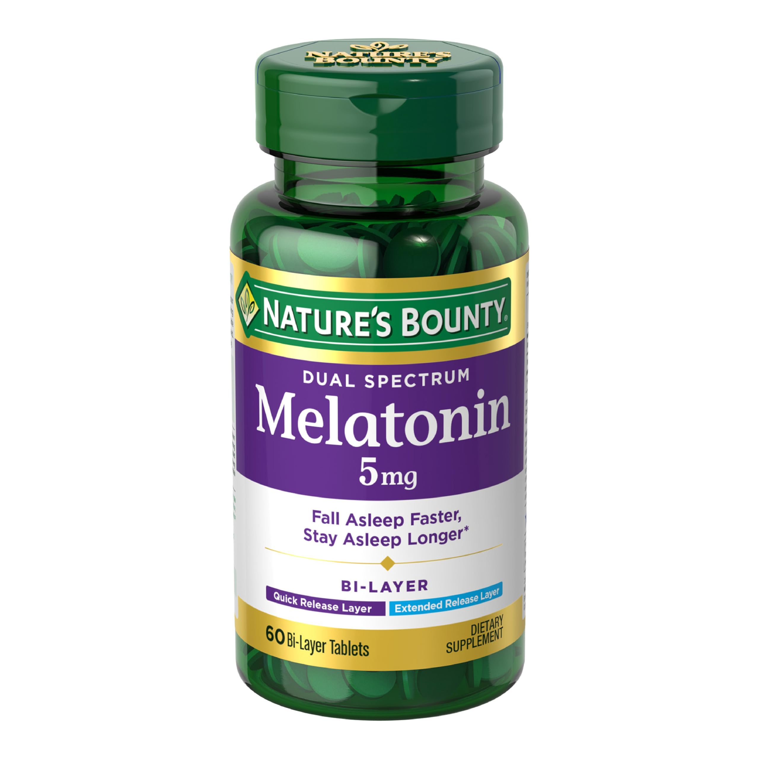 Nature's Bounty Melatonin Dual Spectrum bottle showing the drug-free sleep support option
