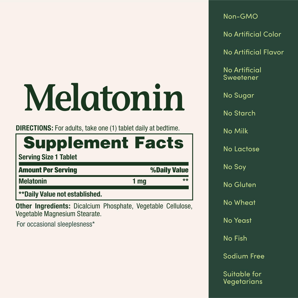 Nature's Bounty Melatonin packaging highlights a drug-free sleep option.