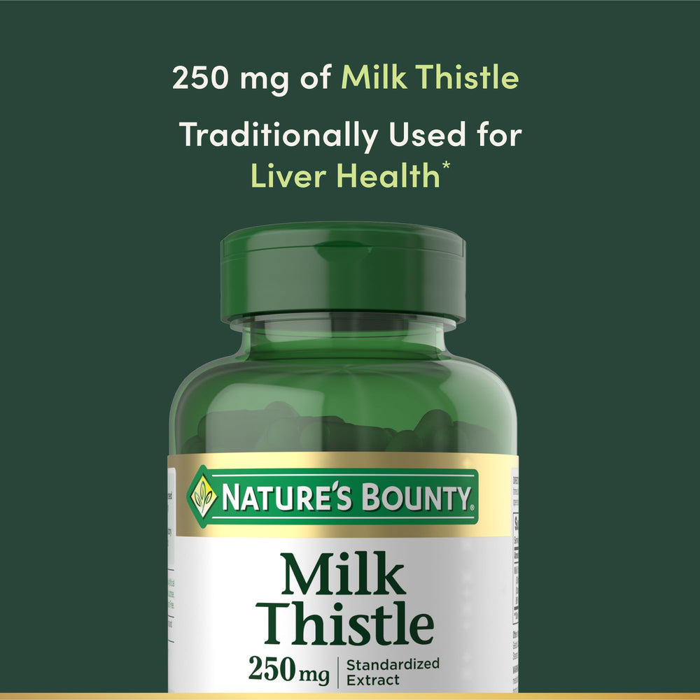 Nature's Bounty Milk Thistle capsules label visible on bottle for product transparency