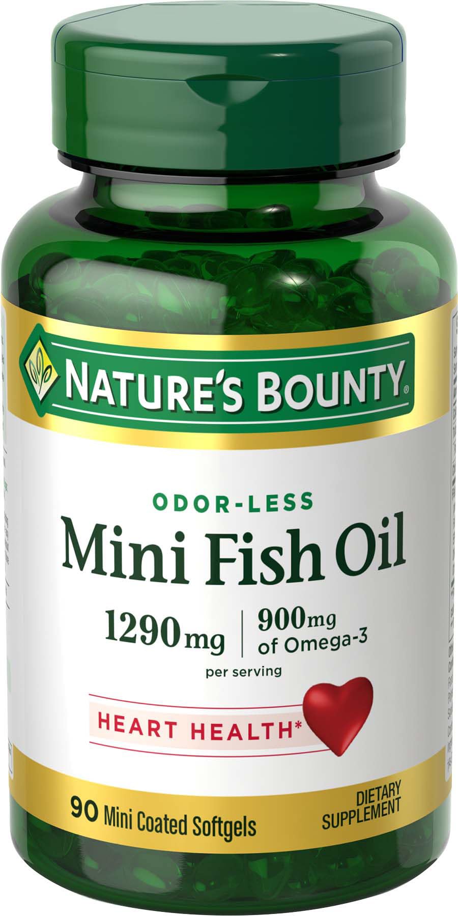 Nature's Bounty Mini Fish Oil Softgels bottle promotes easy heart health support.