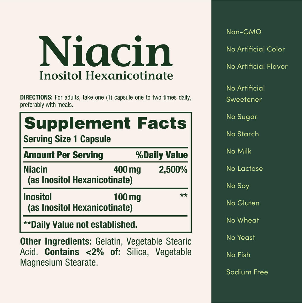 Nature's Bounty Niacin 500mg bottle with capsules ready for meals.