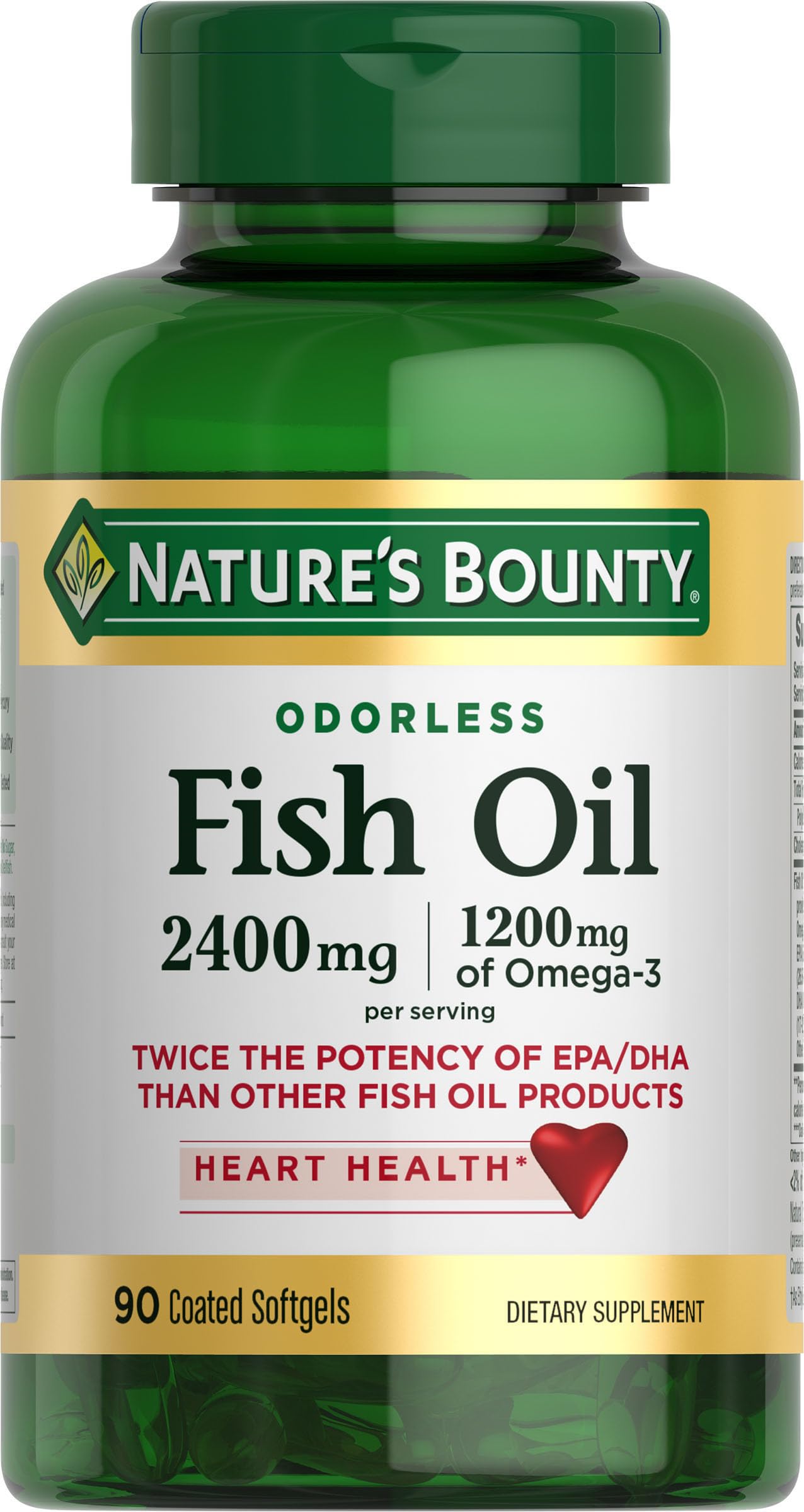 Nature's Bounty odorless fish oil softgels bottle close-up for purified omega-3 intake