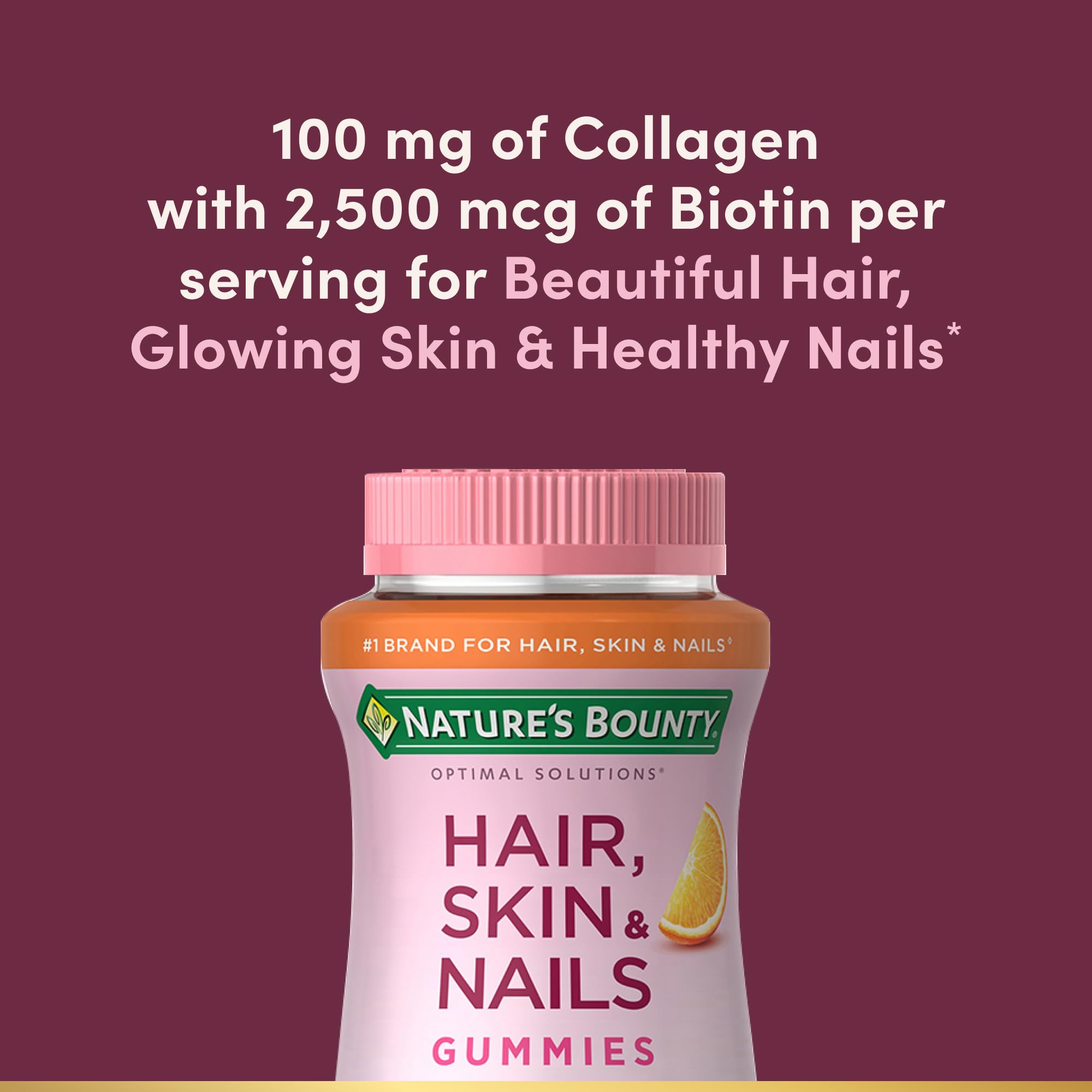 Nature's Bounty bottle label shows biotin and collagen for potential beauty benefits.