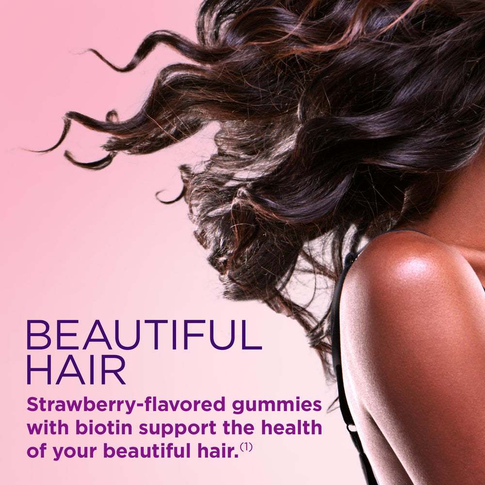 Nature's Bounty Optimal Solutions gummies closeup highlighting biotin for hair and nails