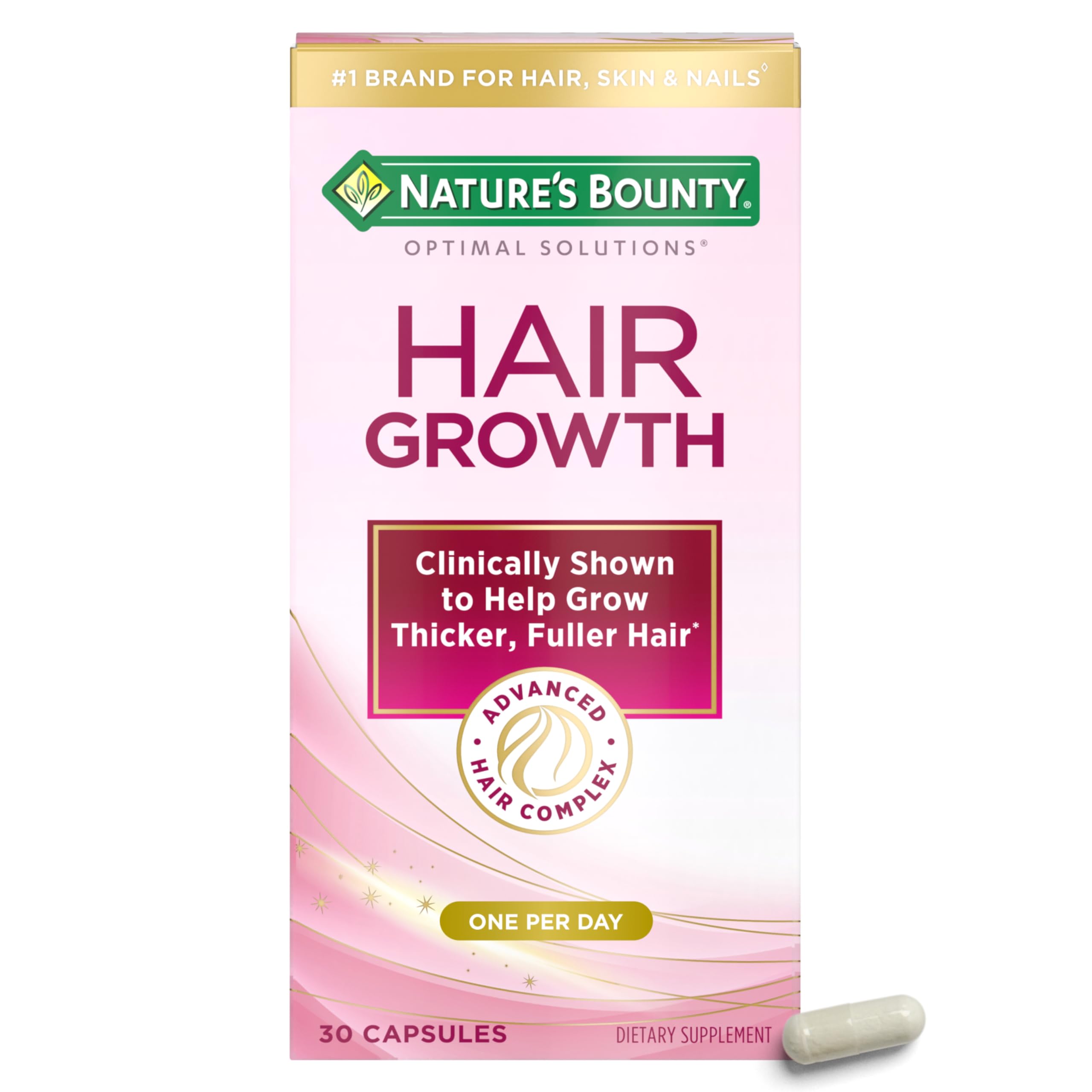 Nature's Bounty Optimal Solutions Hair Growth bottle on a clean surface for reliable daily support.