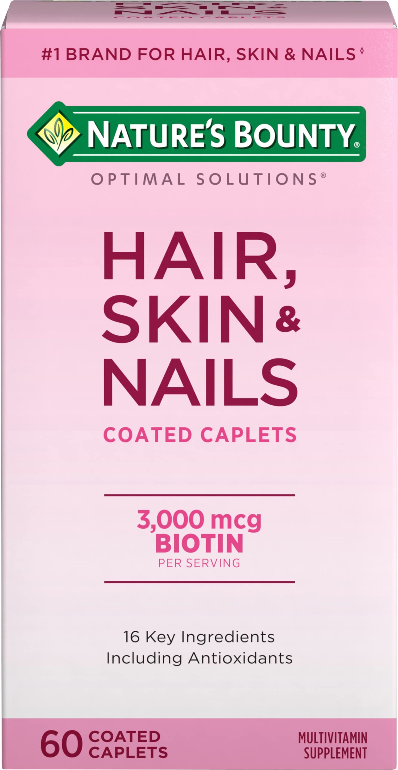 Nature's Bounty Optimal Solutions caplets bottle shows support for hair, skin, and nails.