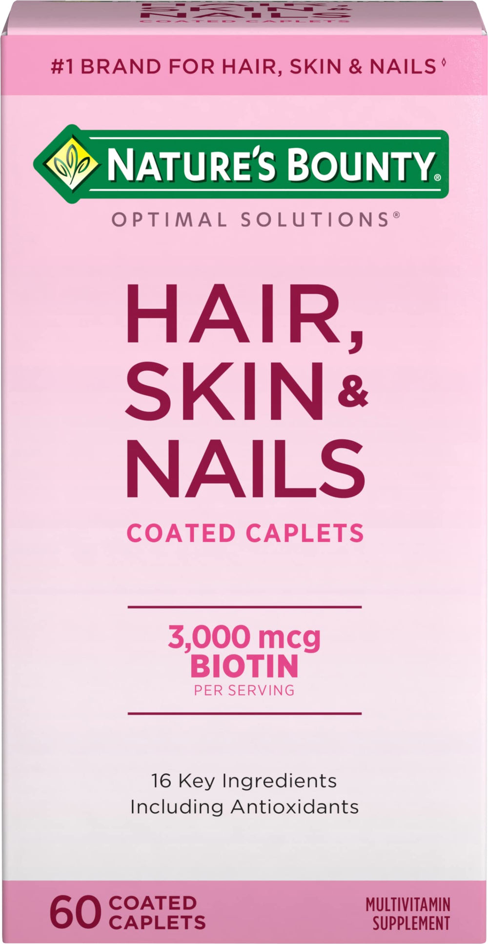 Nature's Bounty Optimal Solutions caplets bottle shows support for hair, skin, and nails.