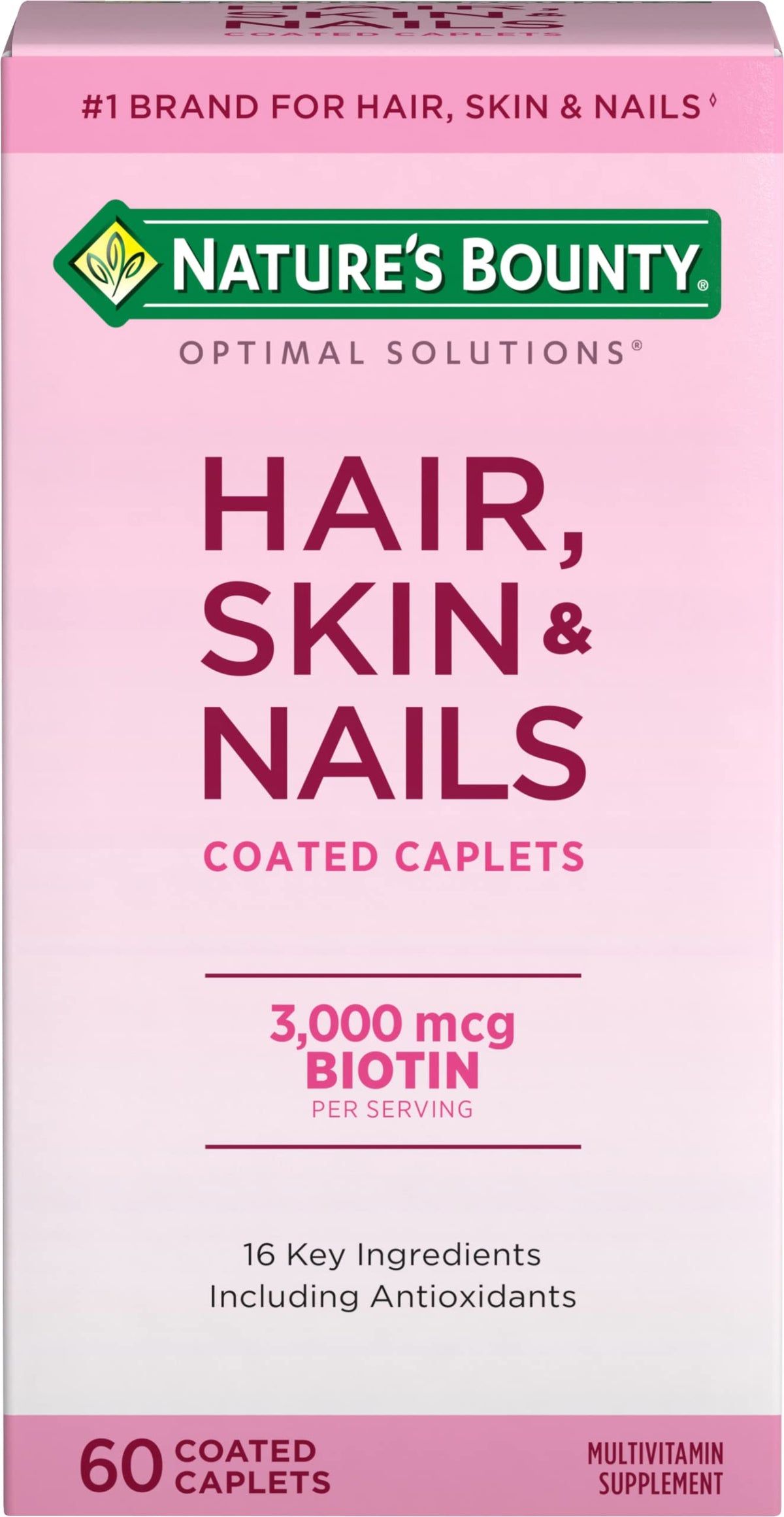 Nature's Bounty Optimal Solutions caplets bottle shows support for hair, skin, and nails.