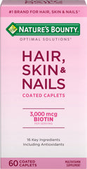 Nature's Bounty Optimal Solutions caplets bottle shows support for hair, skin, and nails.