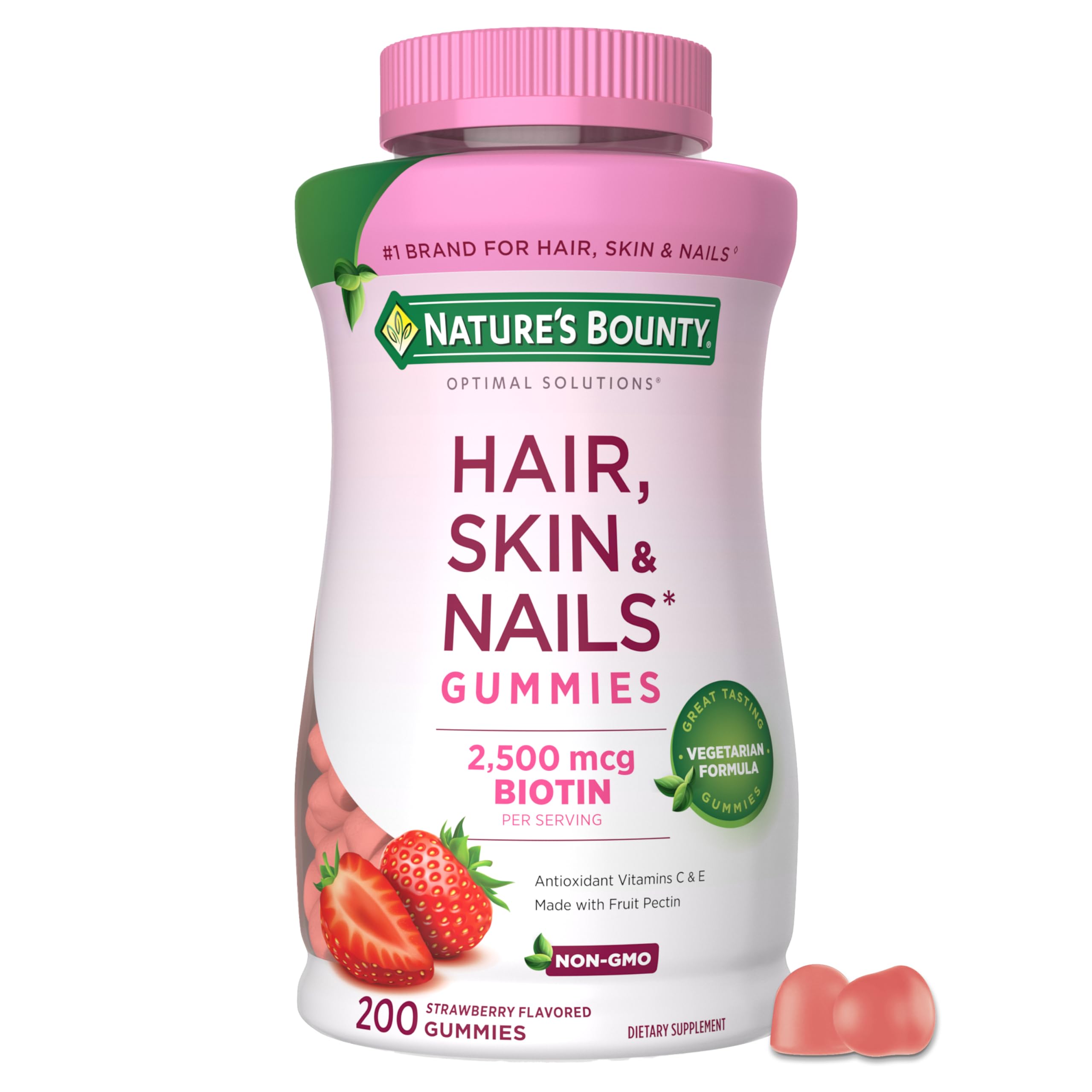 Nature's Bounty Optimal Solutions Hair Skin Nails Pectin Gummies bottle pour supports hair and nails.