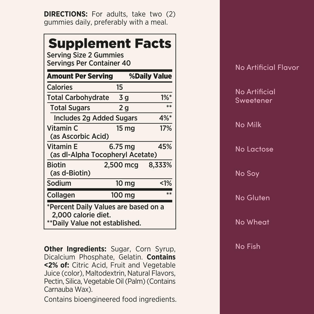 Nature's Bounty vitamins E and C ingredients support skin health and collagen.