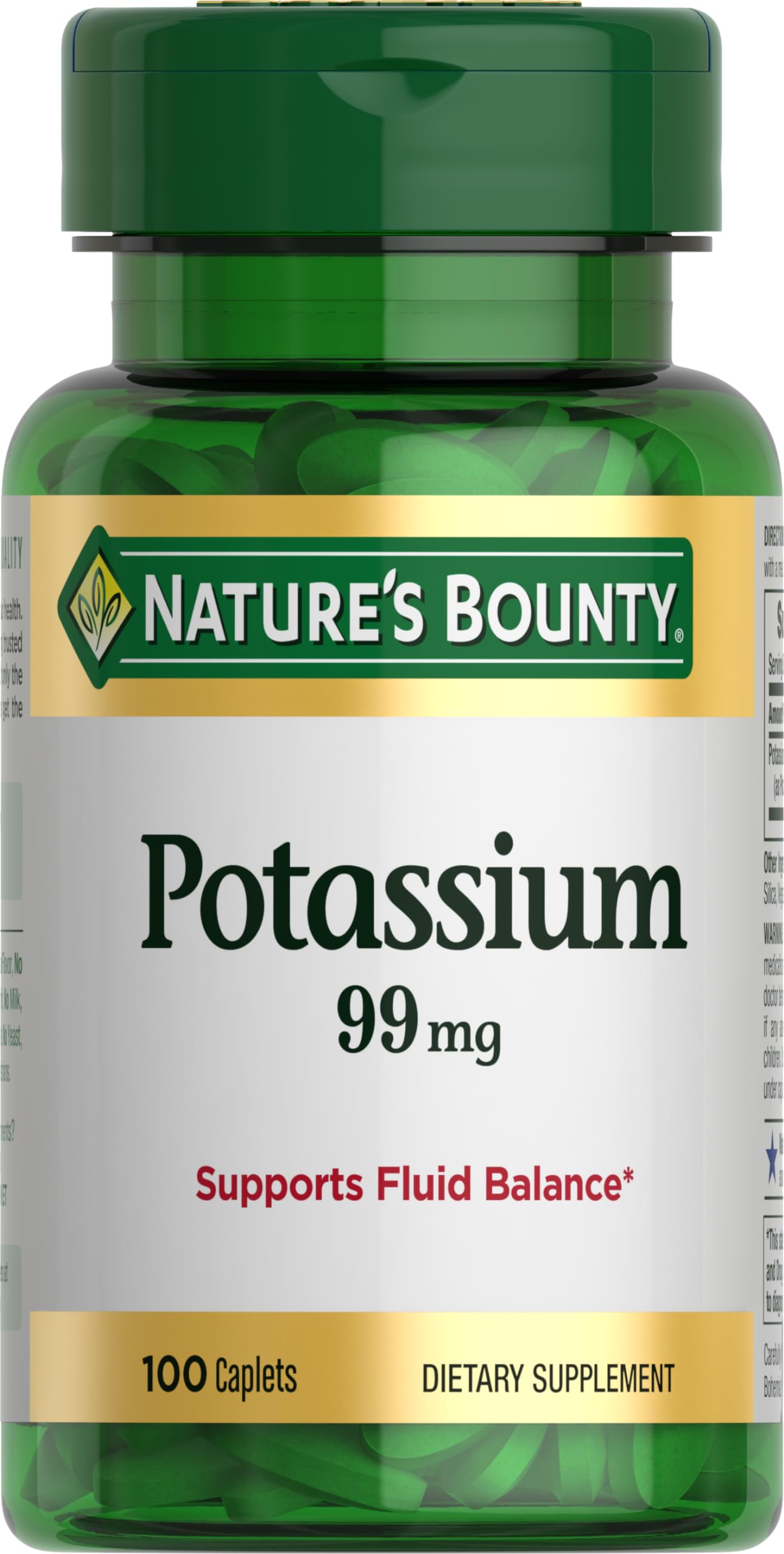 Nature's Bounty potassium caplets front view; gluten-free formula supports fluid balance.