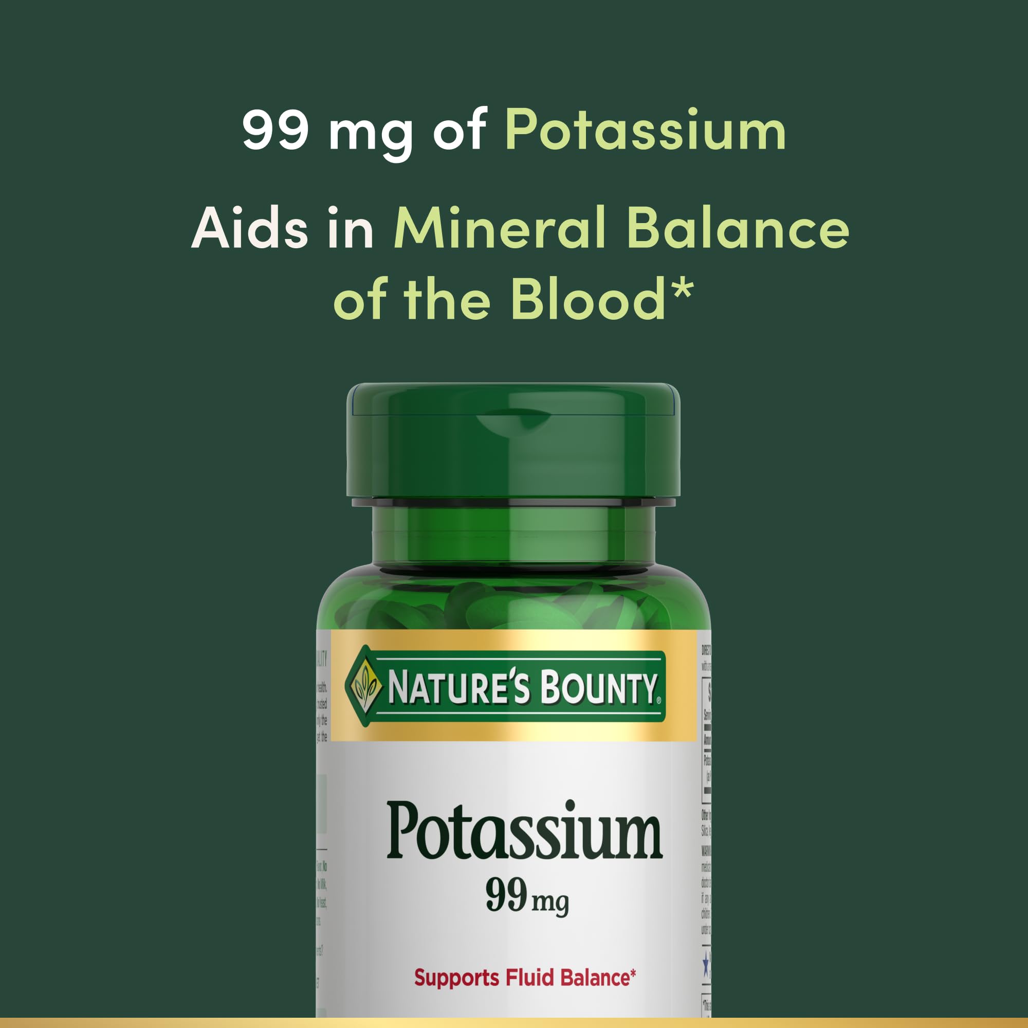 Nature's Bounty potassium caplets label closeup; shows per-caplet 99 mg potassium.
