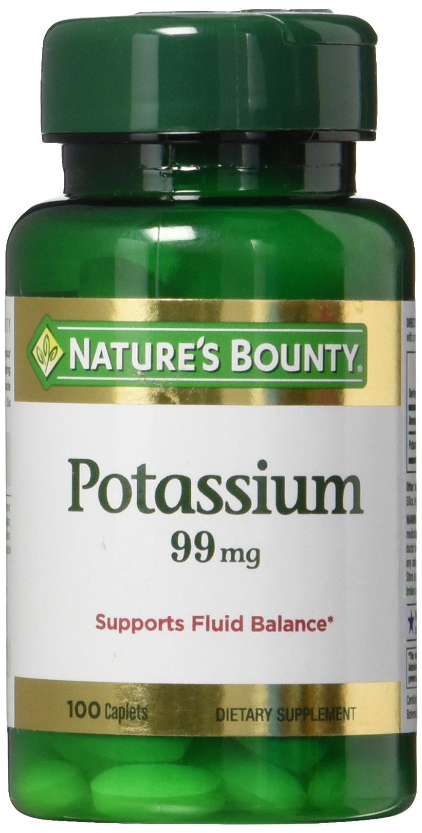 Nature's Bounty Potassium Gluconate caplets in a bottle for daily fluid balance support