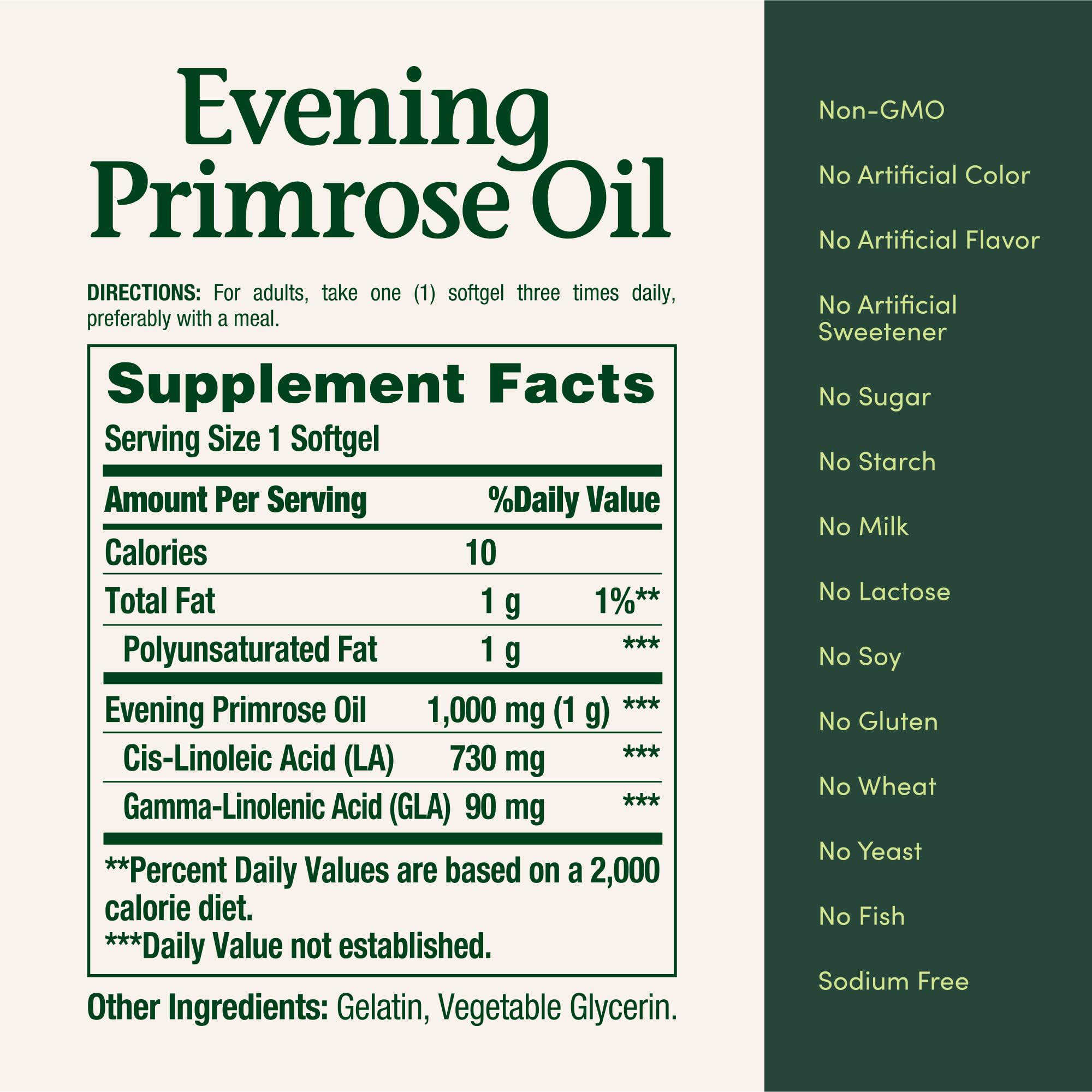 Label on Nature's Bounty Primrose Oil shows 90 mg GLA potency.